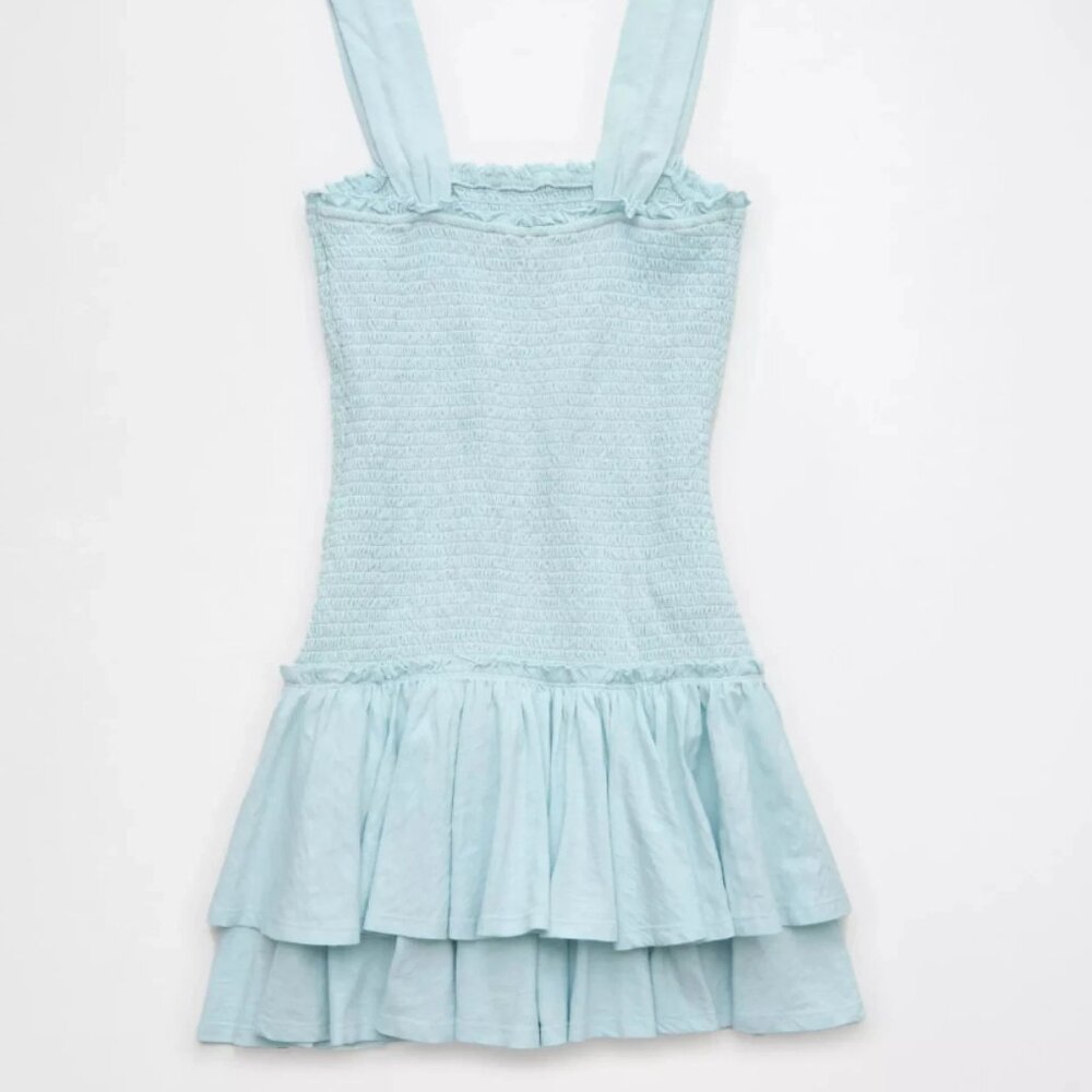 American Eagle AE Sunchaser Knit Smocked Drop Waist Mini Dress Size XL Blue
